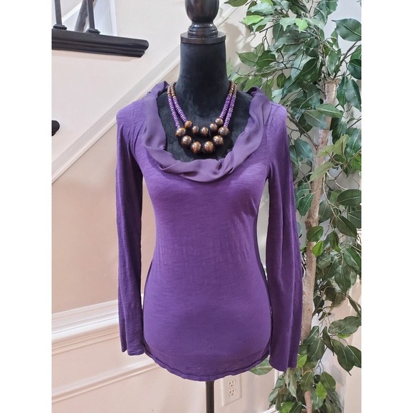 LOFT Tops - Loft Womens Purple Solid 100% Cotton Cowl Neck Long Sleeve Top Blouse Size Small